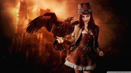 steampunk - bird, woman, falcon, steampunk