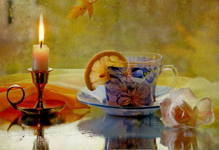 Still Life - candle, still life, tea, cup