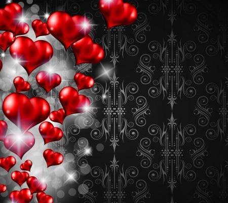 Red Hearts - abstract, black, red, sparkling love, pattern, hearts