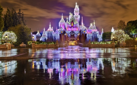 Fantasy Castle at Disneyland - clouds, pond, lights, evening, colors, reflection, building