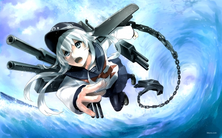 Kantai Collection - wallpaper, water, short hair, white hair, anime, anime girl, kantai collection, battleship, armor, sea