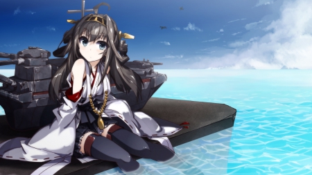 Kantai - Kantai Collection, Skirt, Kantai, Anime Girl, Brown Hair, Anime, Robe, Ship, Long Hair, Wallpaper, Headband, Sea