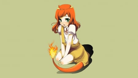 Charmander Girl - Anthropormorphism, Fire, Orange Hair, Anime Girl, Red Hair, Dress, Green Eyes, Anime, Long Hair, Tail, Ears, Bow, Wallpaper, Charmander