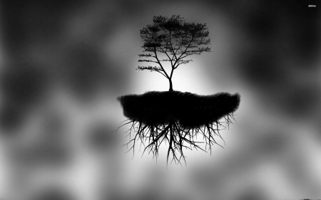 Floating - gravity, sad, island, tree, sunrise, black