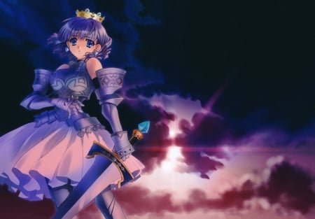 Dark Sky - pretty, anime, female, scene, dress, night, dark, armor, princess, nice, gown, anime girl, royalty, beautiful, girl, sword, beauty, lovely, sweet