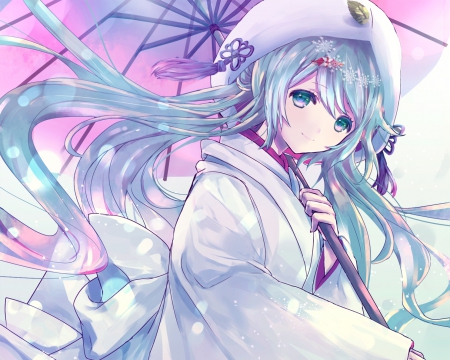 Yuki Miku - pretty, anime, vocaloid, kawaii, female, miku hatsune, hatsune miku, long hair, yuki, yuki miku, umbrella, blue hair, nice, anime girl, beautiful, girl, beauty, kimono, lovely, sweet, yukata, miku, cute, adorable, hatsune, vocaloids