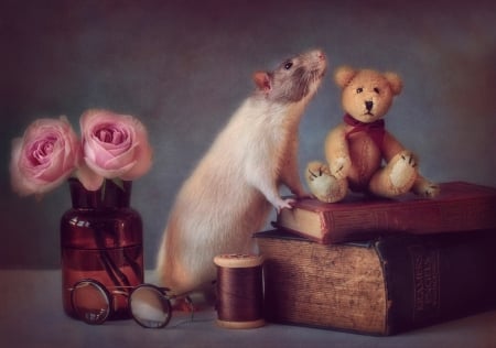 Still life - pink roses, toys, books, mouse, still life