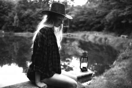 Waiting - hat, cowgirl, lake, light