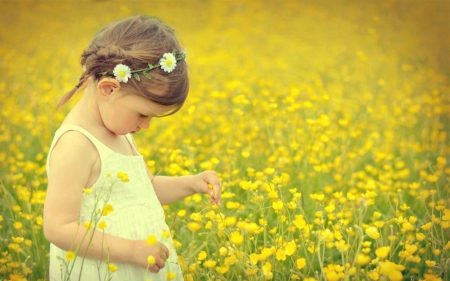 Little Girl with Canola Flowers - flowers, yellow, girl, canola