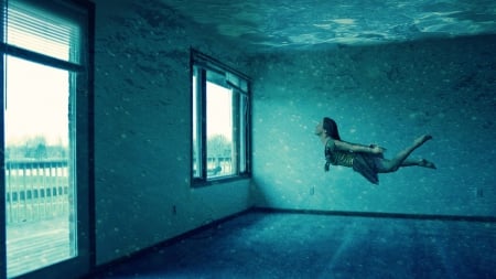 Underwater - 3d and cg, house, girl, abstract, swimming, underwater