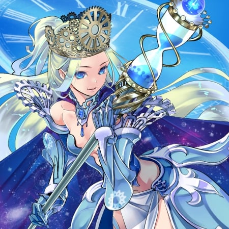 Mistress of Time - pretty, wand, anime, magic, female, blue, dress, blonde, clock, gears, blond hair, magical, long hair, sublime, splendid, gorgeous, blond, nice, anime girl, beautiful, hot, girl, blonde hair, beauty, lovely, sweet, fantasy, awesome, angelic, sexy