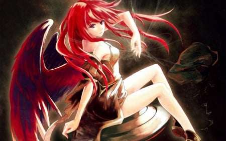 Red Angel - art, girl, angel, red, long hair, wings, fantasy, orginal