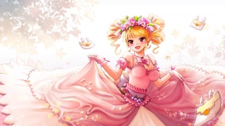 Cherry Pink - nice, beauty, female, smiling, blond, twintail, anime girl, blond hair, pretty, petals, anime, twin tail, cute, girl, adorable, twintails, long hair, lovely, kawaii, twin tails, beautiful, blossom, sweet, smile, dress, blonde, happy, flower