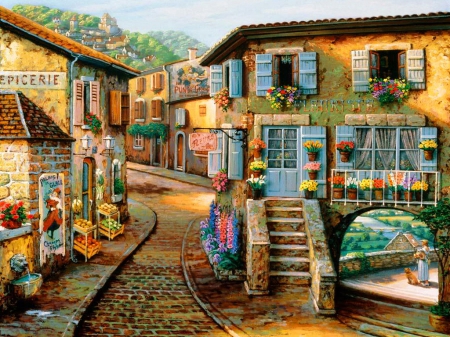 The new painting - town, beautiful, lovely, mountain, village, flowers, street, painting, market, art, new