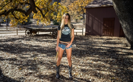 Cowgirl Gunslinger - women, fun, female, fences, boots, guns, hats, fashion, models, western, barns, pistols, girls, cowgirls, style, ranch