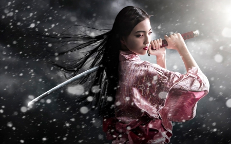 Samurai girl - sword, winter, pink, katana, girl, kimono, asian, woman, snow