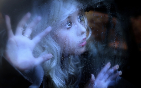 Rainy day blues - blue, window, rain, girl, little, wet, child, glass