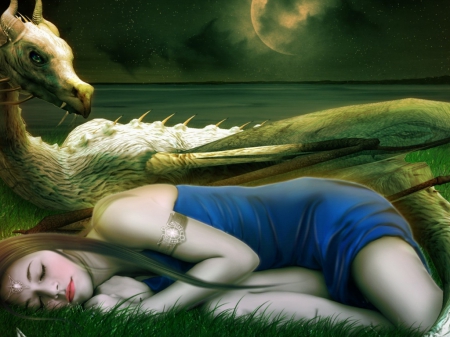 Fantasy Girl - moon, Girl, fantasy, dragon, beautiful girl, dream