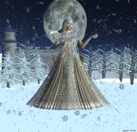 Winter Queen - moon, artwork, castle, trees, snow