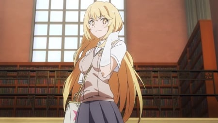 Shokuhou Misaki - shokuhou, female, hot, to aru kagaku no railgun, blond, miniskirt, anime girl, book, shokuhou misaki, blond hair, blonde hair, anime, scene, sexy, skirt, girl, long hair, misaki shokuhou, school uniform, railgun, shelf, uniform, misaki, blonde