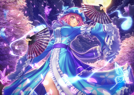 Saigyouji Yuyuko - pretty, saigyouji yuyuko, anime, magic, female, scene, dress, night, touhou, nice, pink hair, moon, gown, anime girl, hot, girl, fan, lovely, sweet, petals, butterfly, sexy, sghort hair