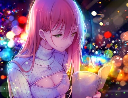 Peruse - nice, realistic, beauty, female, hot, reading, anime girl, book, read, angelic, glowing, pretty, anime, maiden, lady, sexy, girl, shirt, long hair, pink hair, lovely, cg, hd, glow, beautiful, sweet