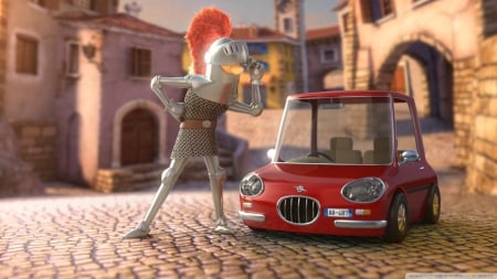 confused knight - knight, street, house, car