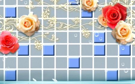 Roses - flowers, roses, tiles, art