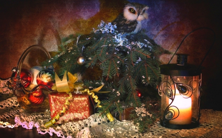 Merry Christmas! - decoration, candle, light, orange, christmas, owl, craciun, green, figurine