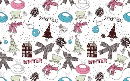 Winter wallpaper - word, snowman, winter, wallpaper, white, draw, bow, blue, pink, house, tree, texture