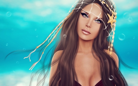 Mermaid - starfish, fantasy, mermaid, summer, blue, woman, rendering, girl