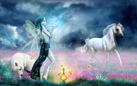 Fantasy - horse, animal, pink, girl, blue, wings, white, wolf, fantasy, fairy