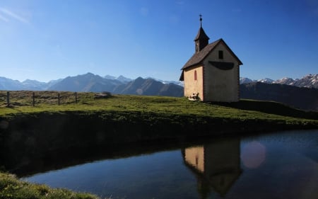 field church - lake, cool, field, fun, church, nature