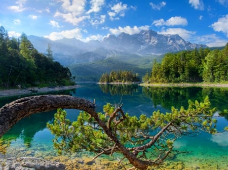 Eibsee Lake - lake, trees, summer, crystal clear water, mountains, white, bavaria, forest, reflection, clouds, blue, beautiful, green, germany