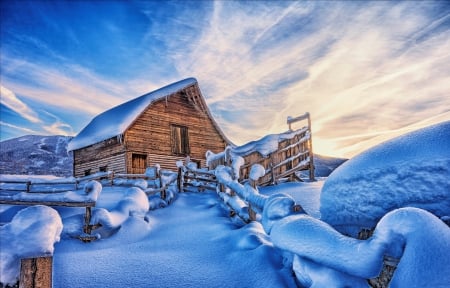 Cabin in Winter - path, landscape, snow, fence, log cabin