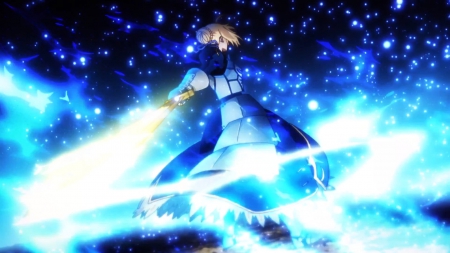 Saber - pretty, saber, anime, magic, female, blue, dress, armor, shining, hd, weapon, nice, anime girl, sparkle, beautiful, girl, sword, beauty, lovely, sweet, knight, blade, cg, glow, glowing, fate stay night