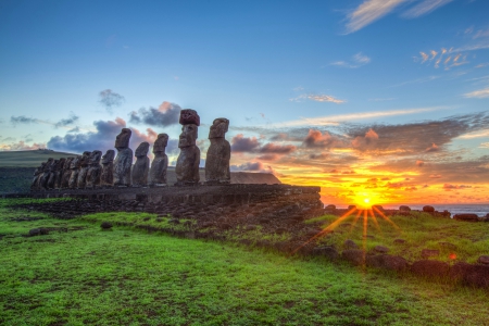 Sunrise At Ahu Tongariki, Easter Island - clouds, yellow, beautiful, blue sky, island, sunrise, grass, rapa nui, monolithic statues, green, moais, Chile, sky