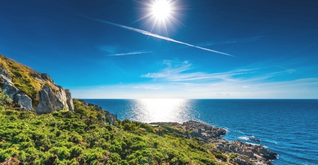 Sunny Day On The Coast - beach, sun, summer, rocks, white, sweden, blue, beautiful, green, grass, sea