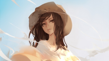 Feel the Wind - realistic, beauty, nice, female, hat, cowgirl, simple, anime girl, brown hair, pretty, anime, maiden, lady, girl, long hair, lovely, beautiful, plain, sweet