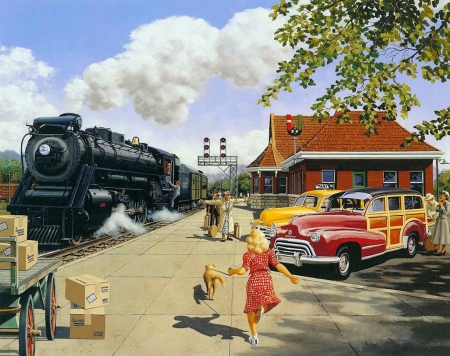 Here At Last - cars, station, train, steam, vintage, arrival