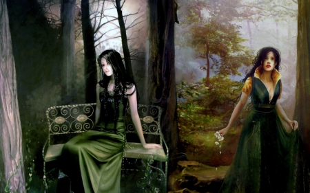 Never Been Found - women, nature, green, fantasy, two sides