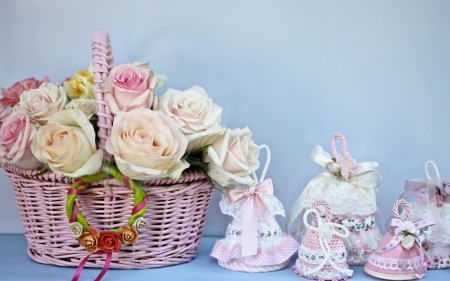 Happy Easter! - pink, blue, easter, bell, basket, rose, flower