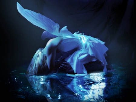 Despair - white dress, fantasy, winged, blue, wings, despair, depression, angel