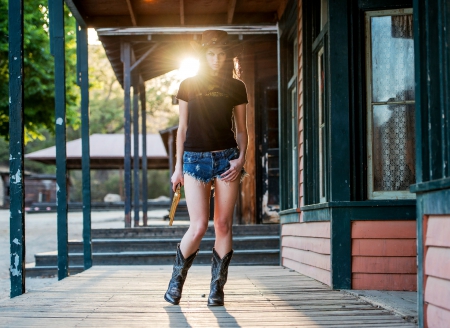 Sunlight Edge - style, girls, western, women, models, pistols, hats, cowgirls, guns, brunettes, town, fun, female, boots, fashion