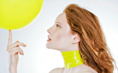 Barbara Meier - yellow, balloon, girl, white, redhead, woman, model, femeie, Barbara Meier