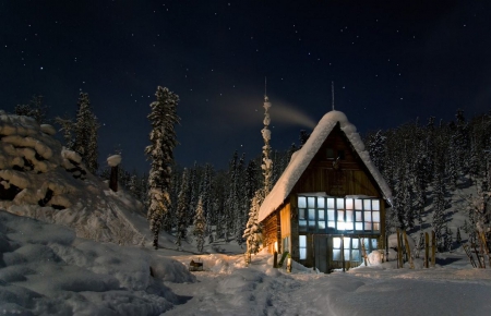 Cottage in Winter - house, evening, snow, firs, forest