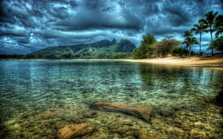 Dark Clouds Over Rocky Lake - clouds, rocky, water, lake, dark