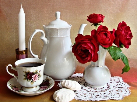 Tea Time - tea, still life, roses, cup