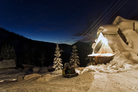 Silent Evening - ropeway, firs, landscape, house, snow