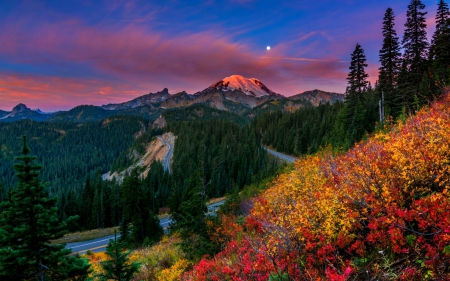 Nature\'s Beauty - moon, sky, autumn, trees, hills, mountain, roads, mountains, nature